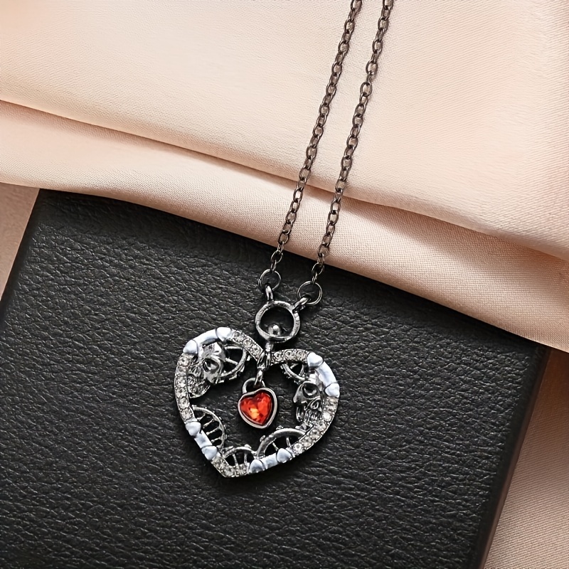 Steampunk Skull Necklace Heart Ruby Pendant Necklace